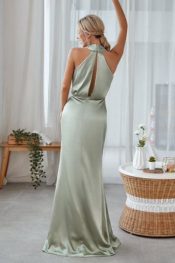 Dusty Sage Halter Sheath Satin Long Bridesmaid Dress